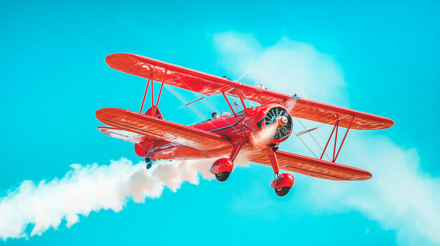 Vintage red biplane flying in a clear blue sky with a white smoke trail