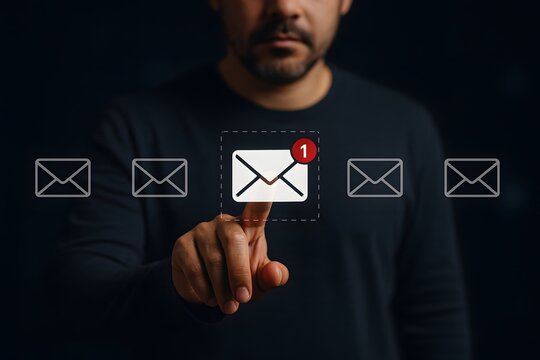 Businessman interacting with a digital email interface showing one new email notification