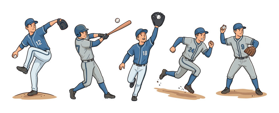 Collection of cartoon baseball player characters in dynamic action poses, including a pitcher throwing, a batter swinging, and fielders catching and running