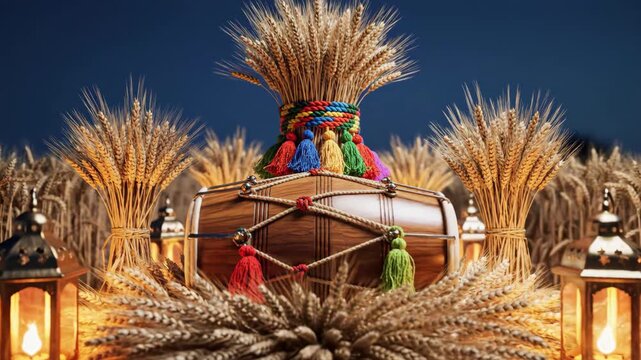 A festive vaisakhi celebration featuring a decorated dhol drum surrounded by golden wheat sheaves and warm lanterns at dusk.
