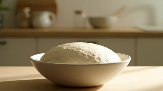 A round dough resting in a bowl, symbolizing home baking.