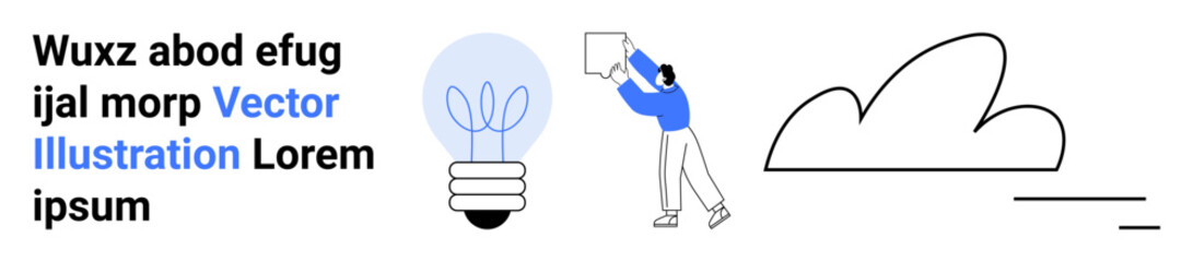 Innovation, creativity, design thinking, abstract art, brainstorming, modern concepts. Light bulb, abstract cloud and figure interacting with shapes. Innovation and creativity © robu_s