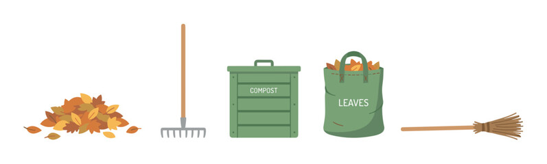 Naklejka premium Gardening tools and equipment set for autumn yard cleanup including a rake, broom, green compost bin, leaf bag, and a pile of fallen leaves in a flat vector illustration style