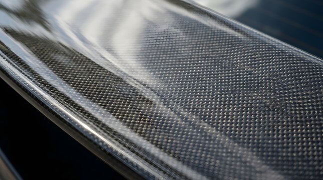 Close-up texture view reveals the intricate woven pattern of a glossy finished carbon fiber automotive component.