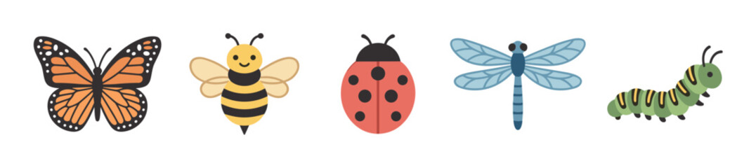 Obraz premium Cute collection of illustrated garden insects including a butterfly, bee, ladybug, dragonfly, and caterpillar in a charming, flat cartoon style for children's design