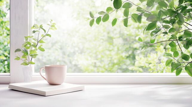 Peaceful window scene with lush green plants, a white ceramic mug on a wooden windowsill, soft natural daylight, spring morning calm concept