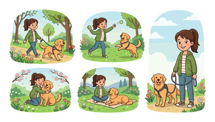 Obraz premium Set of cartoon illustrations showing a girl and her golden retriever dog spending time together, walking on a leash, playing fetch, hugging, and relaxing in a spring park