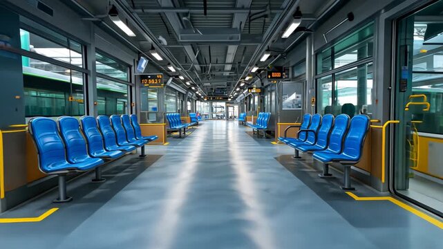 Interior of a modern, empty passenger train with rows of blue seats. Lit ceiling