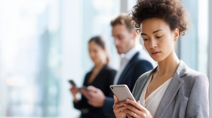 Fototapeta premium Businesswoman using smartphone while standing in modern office 
