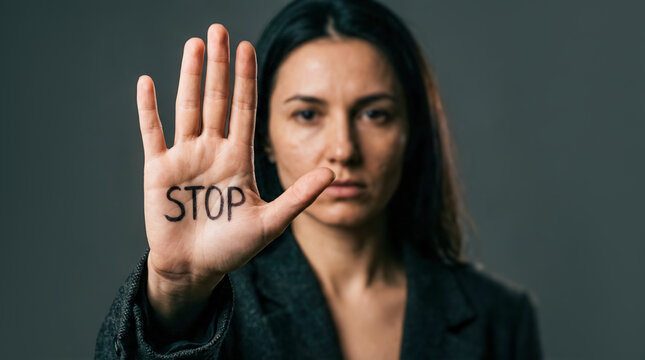 Woman showing palm with STOP written. Protest gesture, domestic violence awareness and anti‑abuse campaign concept. 