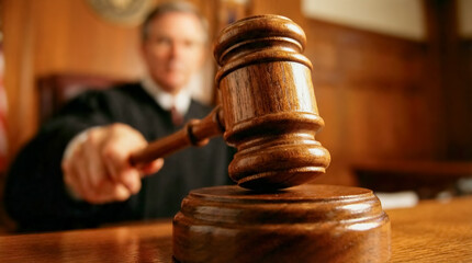 Male judge striking gavel in courtroom. Legal judgment, justice, and court decision concept. 
