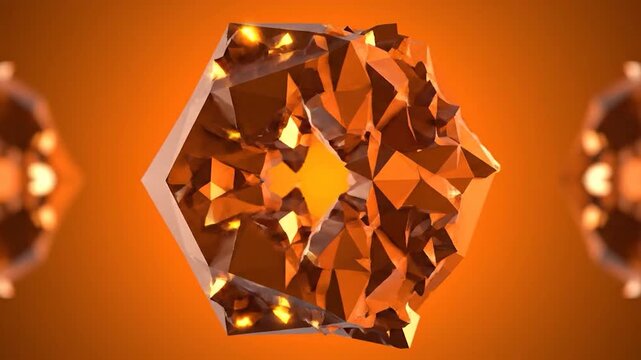Geometric faceted object with reflective surfaces on an orange background