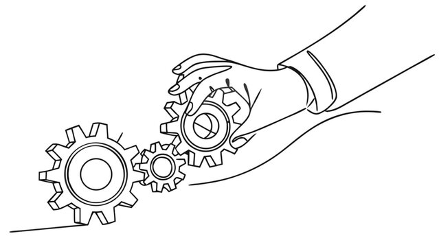 Hand connecting gears, symbolizing teamwork and problem-solving in business.