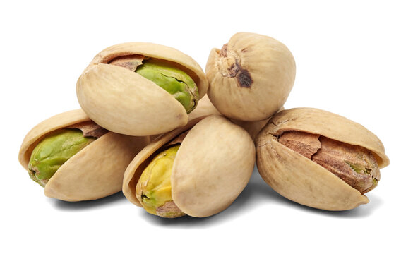 close-up studio shot of roasted pistachios with shells, showcasing their vibrant green kernels against a transparent background, perfect for healthy snack and food photography.