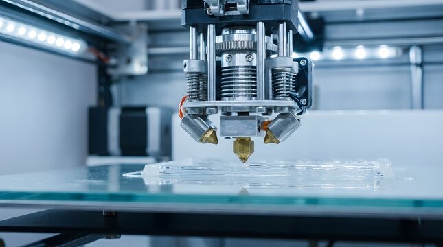 Close up view of a sophisticated industrial 3d printing extruder head meticulously depositing clear filament layers onto a platform