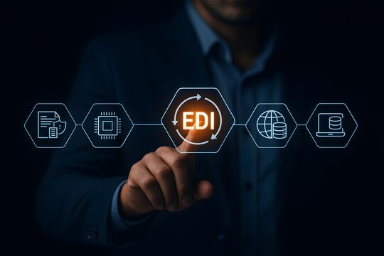Professional man touches a glowing "edi" icon in a digital interface, surrounded by symbols representing documents, data processing, and global information exchange.