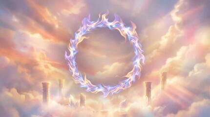 Naklejka premium Fiery ring portal swirling in stormy sky concept. A mystical circular portal surrounded by serene clouds.