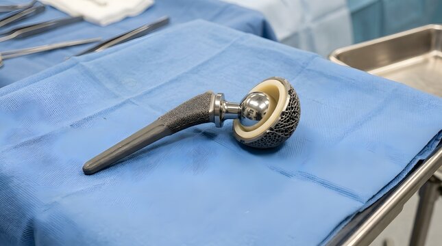 Close up view of a metallic titanium hip replacement joint implant resting on sterile surgical blue drape cloth.