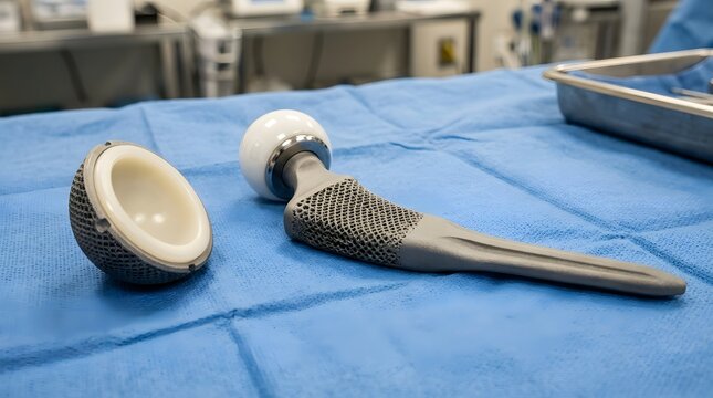 Modern orthopedic hip replacement components, showcasing a femoral stem with a ceramic head and an acetabular cup, prepared for surgery.