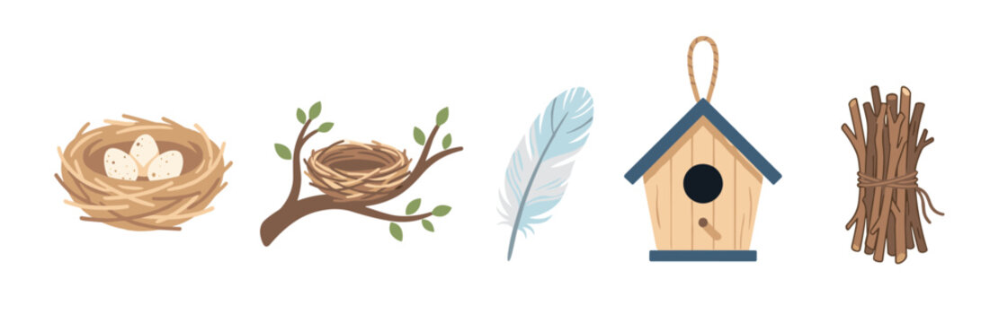 Set of bird-themed spring illustrations featuring a nest with eggs, an empty nest on a branch, a blue feather, a wooden birdhouse, and a bundle of sticks