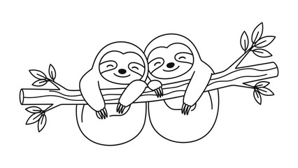 Fototapeta premium Cozy Sloths on Branch: Two adorable sloths sharing a moment of tranquility and affection while perched on a sturdy branch, their gentle smiles evoking a sense of calm and contentment. 