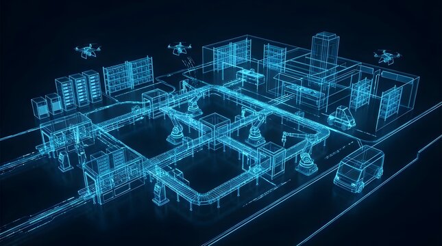 Futuristic blueprint visualization of a smart factory floor incorporating automated robotics, aerial drones, and autonomous vehicle logistics.
