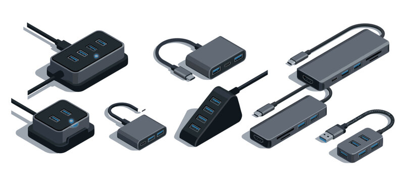 Collection of various gray USB hubs and adapters with multiple ports for connecting peripherals, shown in a clean, modern isometric vector illustration style with subtle shadows