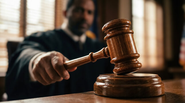 Male judge striking gavel in courtroom. Legal decision, justice, and court judgment concept. 