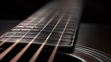 Fototapeta premium Closeup of guitar strings on fretboard in soft lighting 
