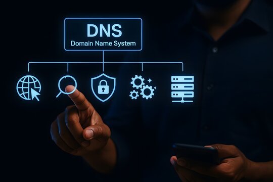 Person interacts with a glowing digital diagram representing dns (domain name system) infrastructure, showing interconnected icons for global network, search, security, and servers.