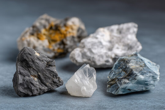 A variety of rare earth mineral rocks on a blue grey table top