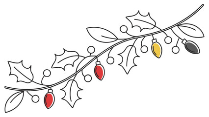 Fototapeta premium Festive holly branch adorned with colorful Christmas lights and berries, perfect for holiday designs.