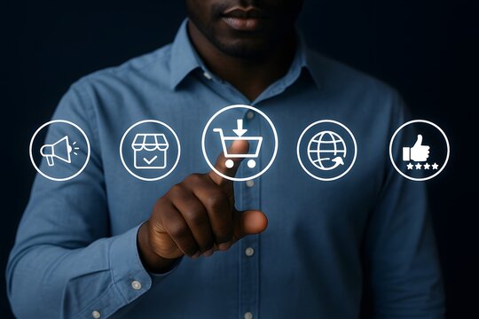 Person points to a glowing digital shopping cart icon, signifying online purchasing and e-commerce activities, surrounded by other relevant digital marketing symbols.