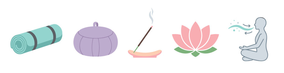 Obraz premium Set of yoga and meditation icons featuring a rolled mat, zafu cushion, incense stick, lotus flower, and a person practicing breathing exercises in a flat vector style