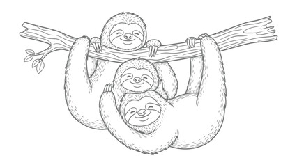 Fototapeta premium Sloth Family Resting: A delightful illustration showcases a family of sloths hanging together, their gentle smiles embodying the tranquility of a sloth's life.