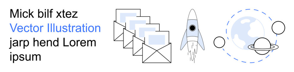 Communication, outer space, technology, innovation, digital services, global network. Visual elements include envelopes, a rocket and planets orbiting Earth. Communication and outer space © robu_s