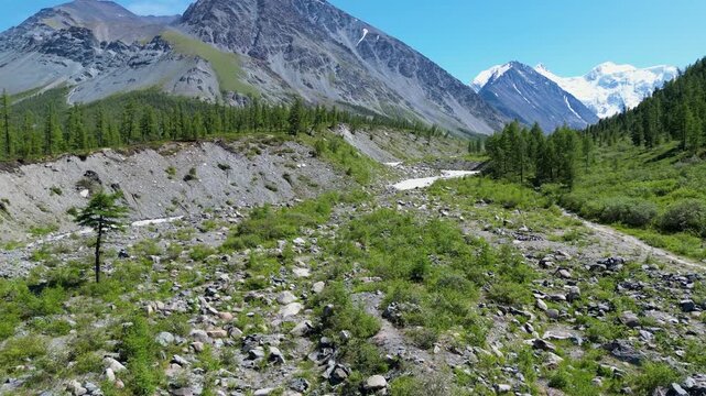aerial footage from a 4K drone of the valley of the Akem River, a hike to the foot of the sacred mountain Belukha