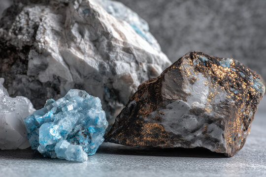 A variety of rare earth mineral rocks on a blue grey table top