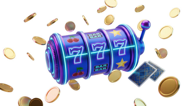 Slot machine spins with coins and cards around it, AI, PNG