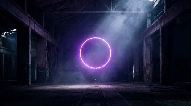Empty rotating frame with neon circle animation concept. A vibrant purple neon circle glowing in a dark, industrial space.