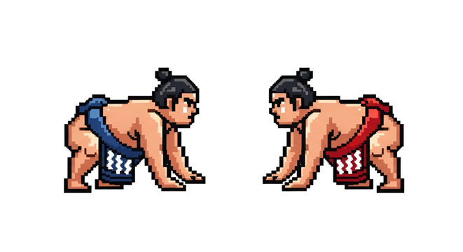 Pixel Art Sumo Wrestlers in Traditional Mawashi Squatting Position Facing Each Other