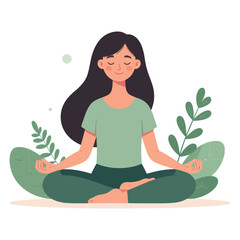 Cute flat vector character meditating peacefully in lotus position isolated on white background