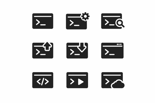 Black coding icons set: command lines, upload, download, cloud, settings, search