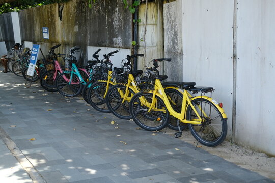 Rental bicycles on beach path in Sanur, Bali, Indonesia &ndash; April 1, 2026
