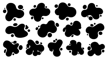 Fototapeta premium Blob set with black ink splatters and splotches on white background featuring splotch, graphic, illustration with