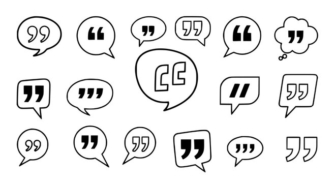 Speech bubbles set with quote marks in black line art style for dialogue and conversation featuring chat, quotes, talk