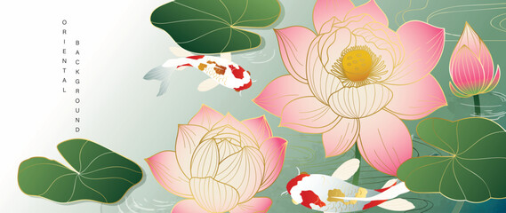 Fototapeta premium Lotus and koi fish oriental background vector. Pink lotus blooms, green leaves and swimming koi in elegant Asian floral design for banner, wall art, packaging and digital media.