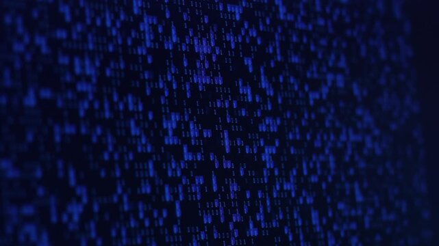 Blue blurred futuristic digital background featuring binary code numbers in glowing light. concept of cybersecurity, data streaming, and core of computer programming technology. 4K horizontal footage