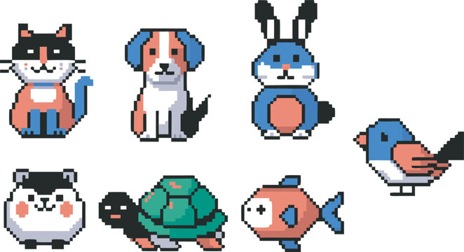 Cute Pixel Art Animal Set &ndash; Retro 8 Bit Pet Characters Vector Illustration