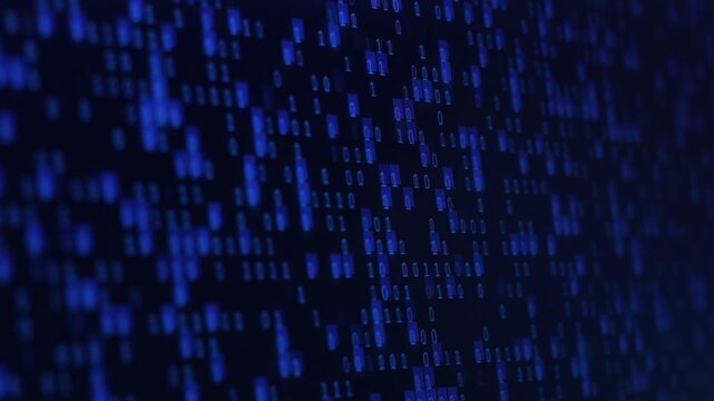 Blue blurred futuristic digital background featuring binary code numbers in glowing light. concept of cybersecurity, data streaming, and core of computer programming technology. 4K horizontal footage